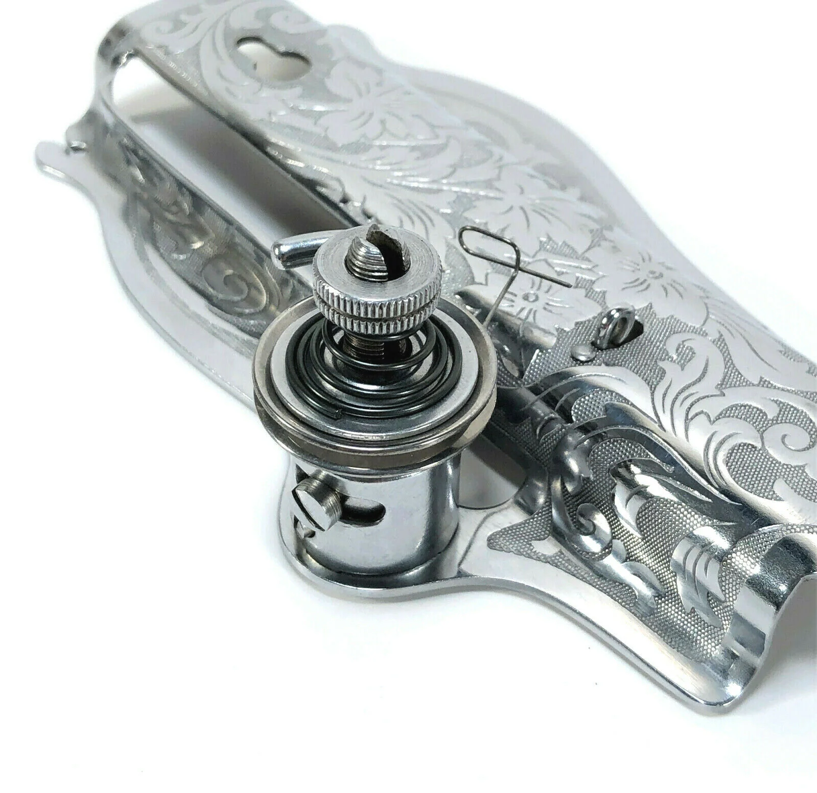 Early Singer 15 Sewing Machine Floral Face Plate and Tension Assembly in Chrome Simanco 15406 - Image 2