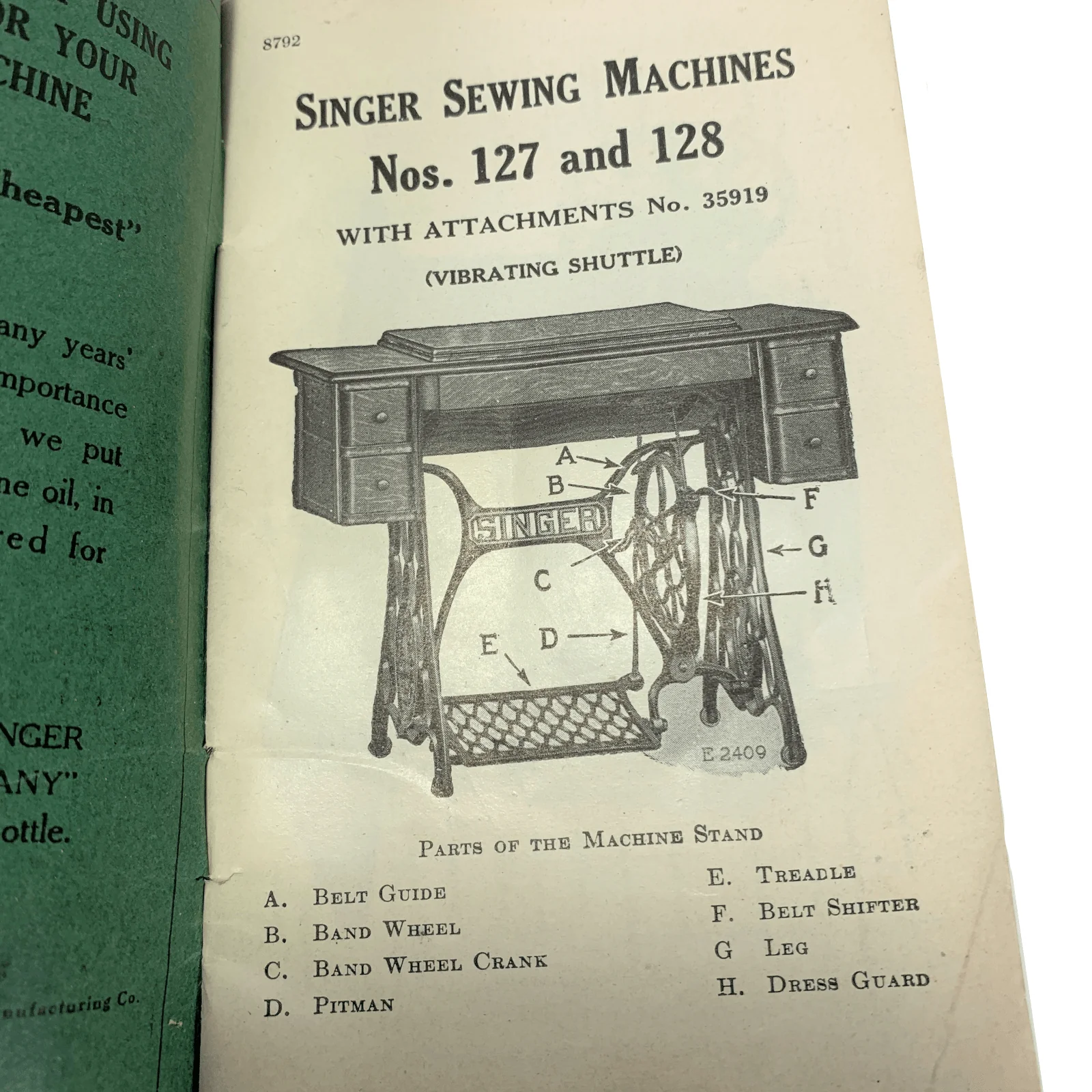 Singer 127 128 Treadle Sewing Machine Instruction Manual Vintage Original 1916 - Image 2