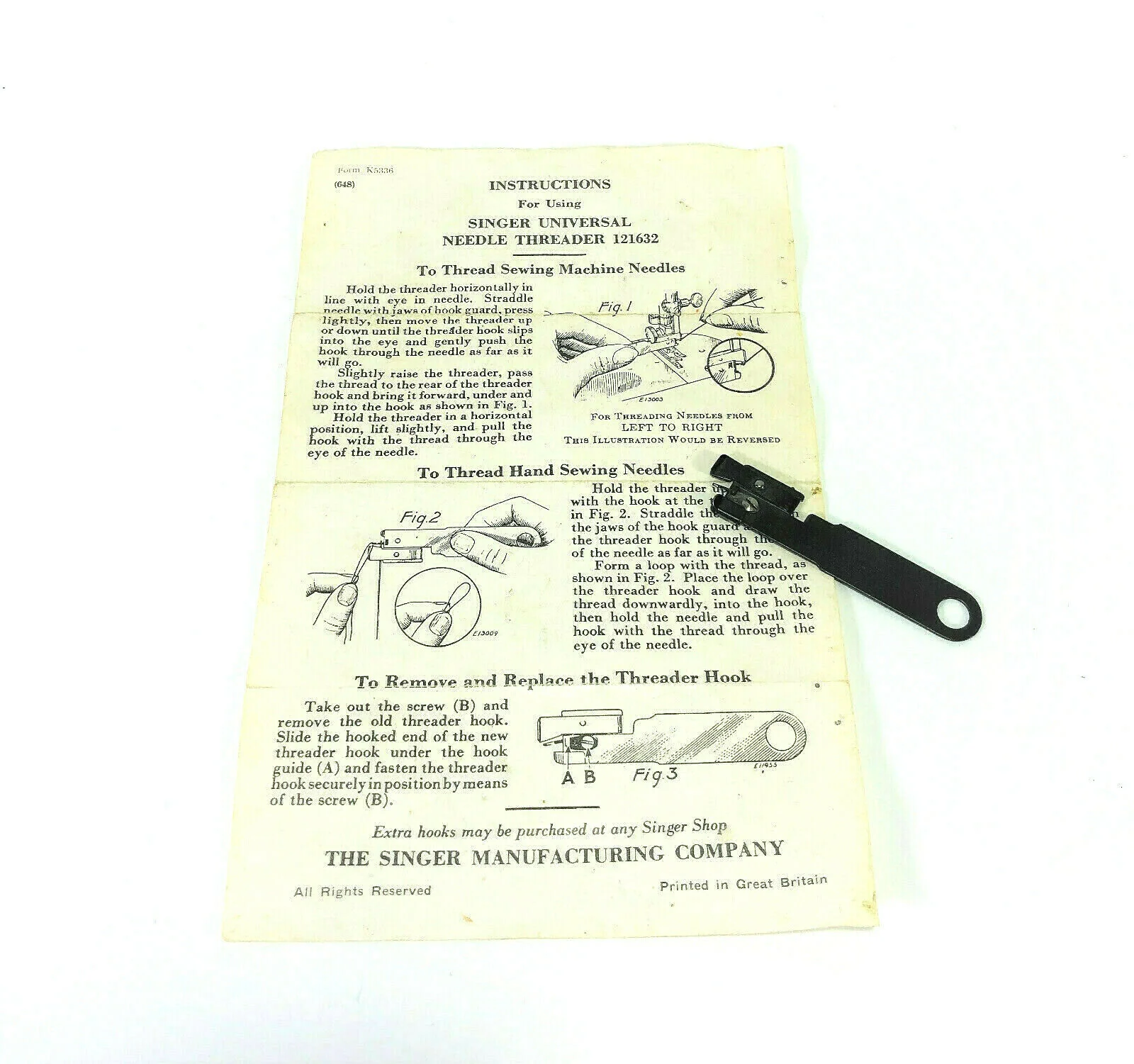 Singer Sewing Machine Blackside Universal Needle Threader Simanco 121632